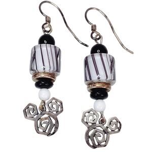 Sterling Silver Modernist Drop Earrings with Striped Black and White Glass Beads